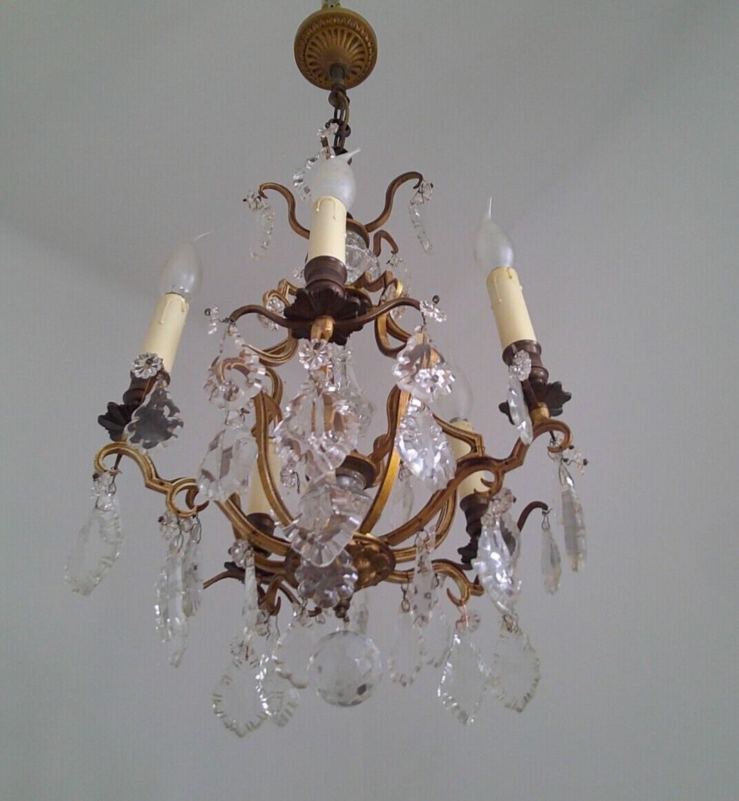 French antique bronze glass & crystal 5 light cage chandelier 4032