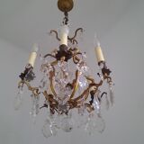 French antique bronze glass & crystal 5 light cage chandelier 4032