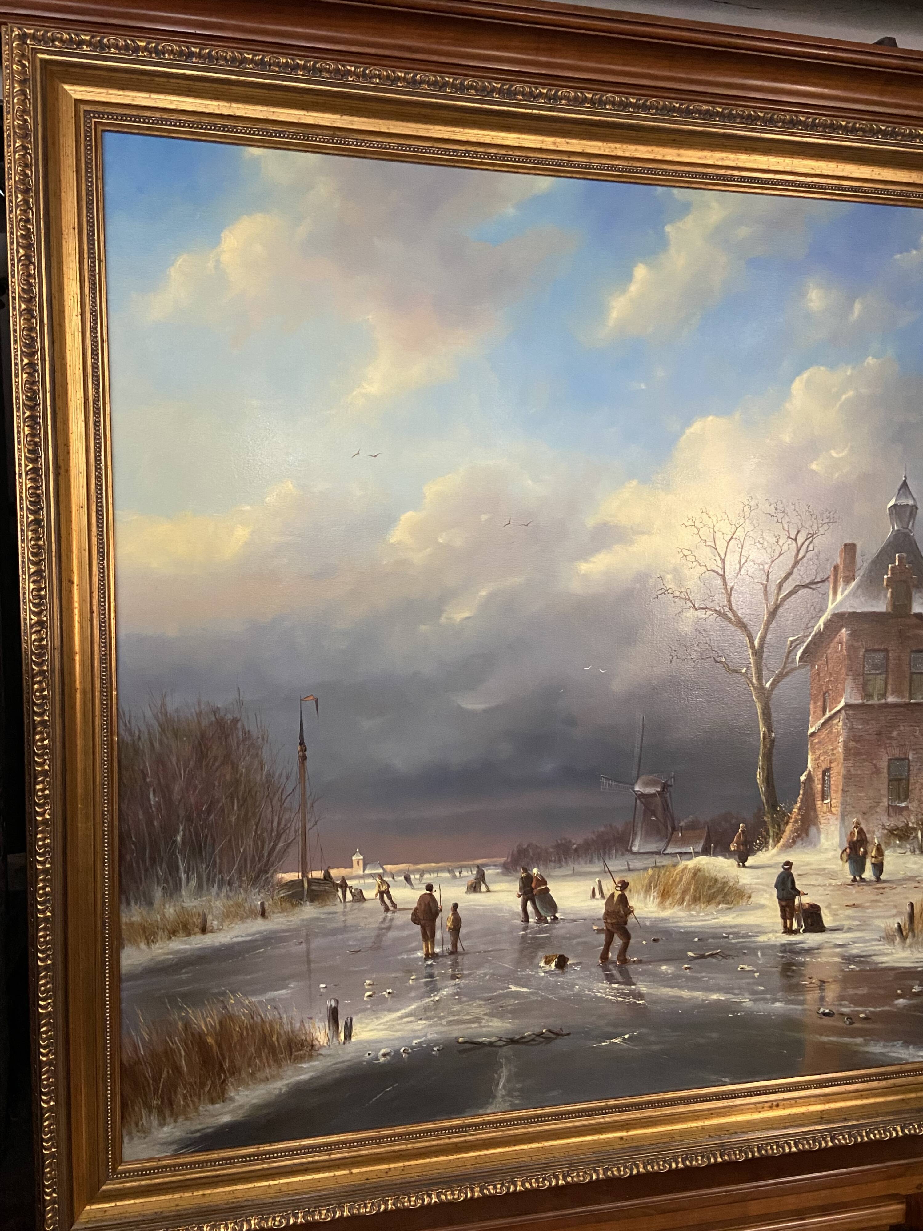 Huge oil painting on canvas Dutch school winter landscape 164x132