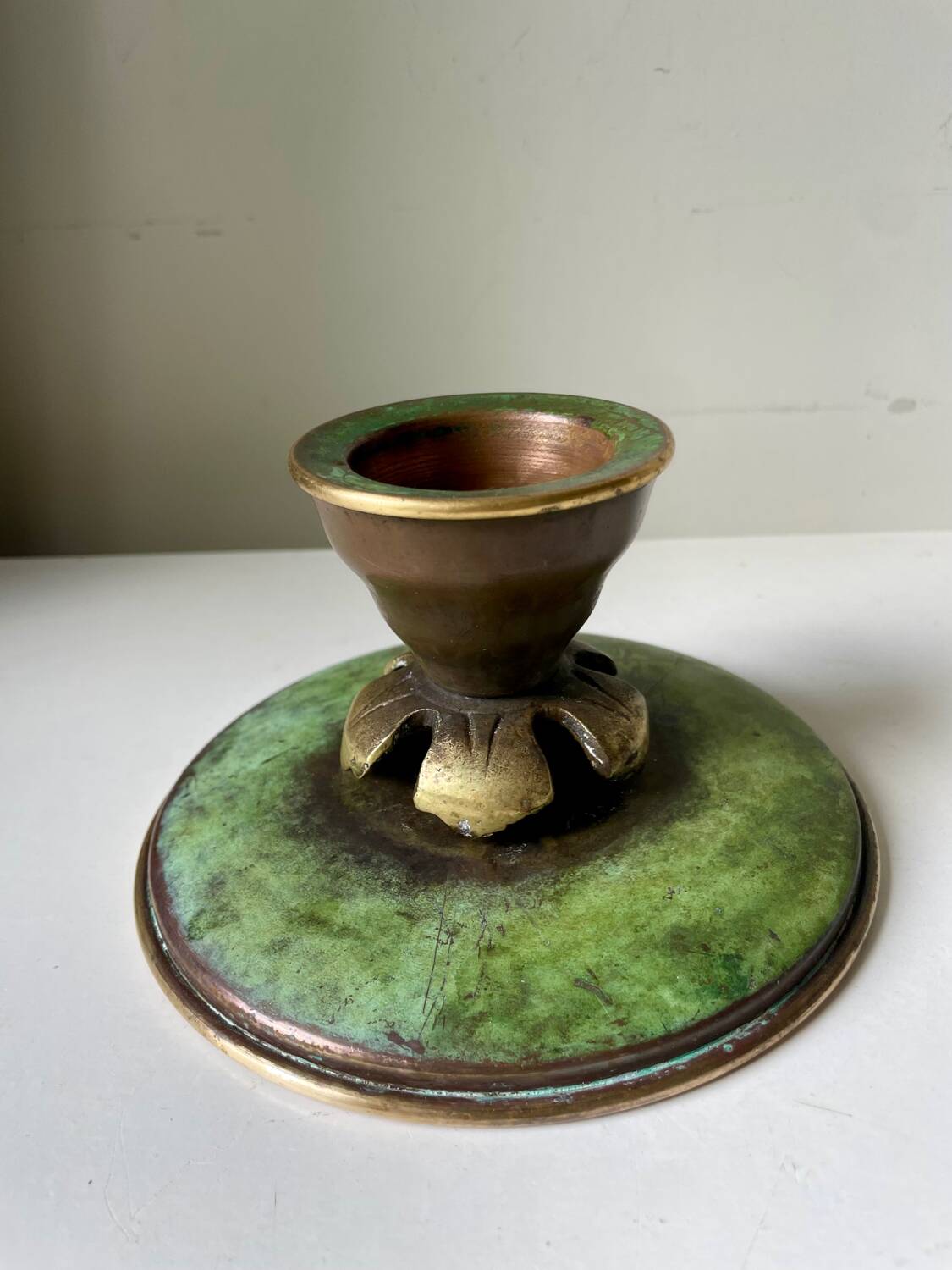 Scandinavian ART DECO candle holder in Bronze with verdigris patina