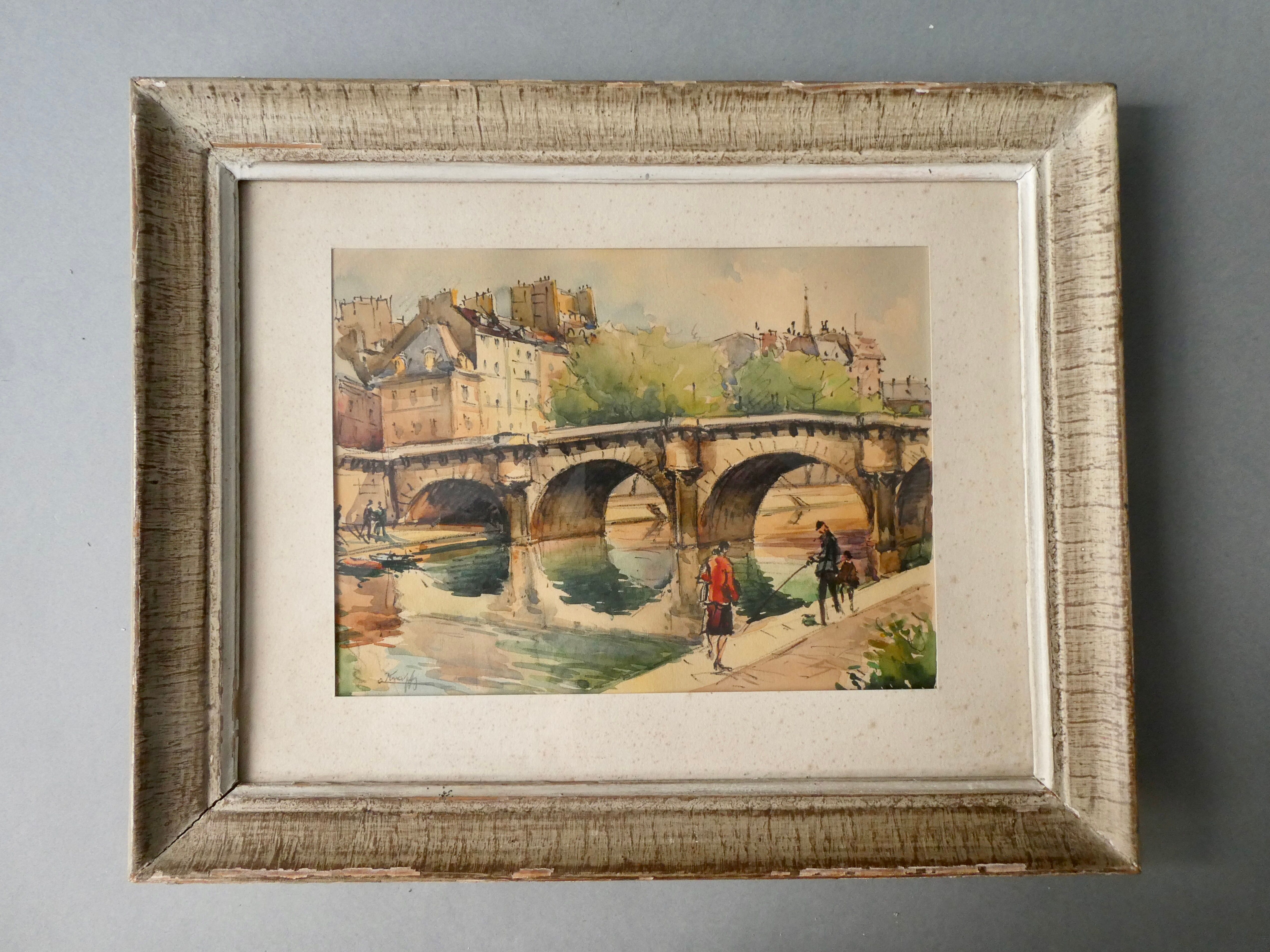Engraving painting of the Pont Neuf in Paris, 50s