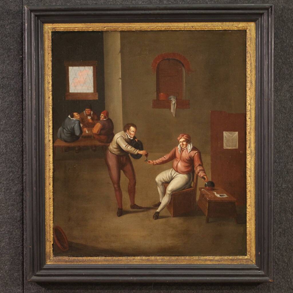 Peinture d'intérieur flamande antique du 17ème siècle