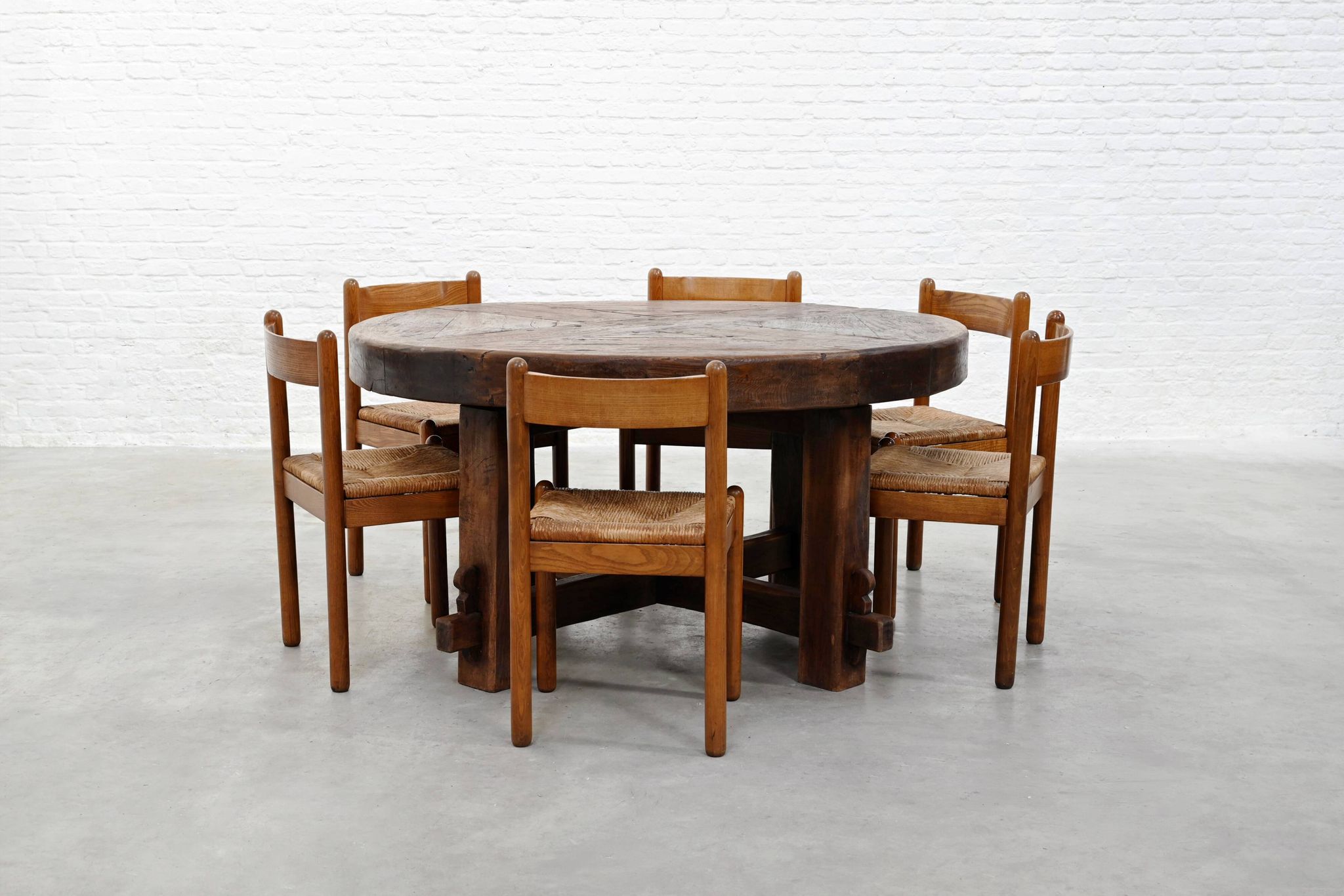 Rustic Brutalist Wooden Dining Table, France 1920s