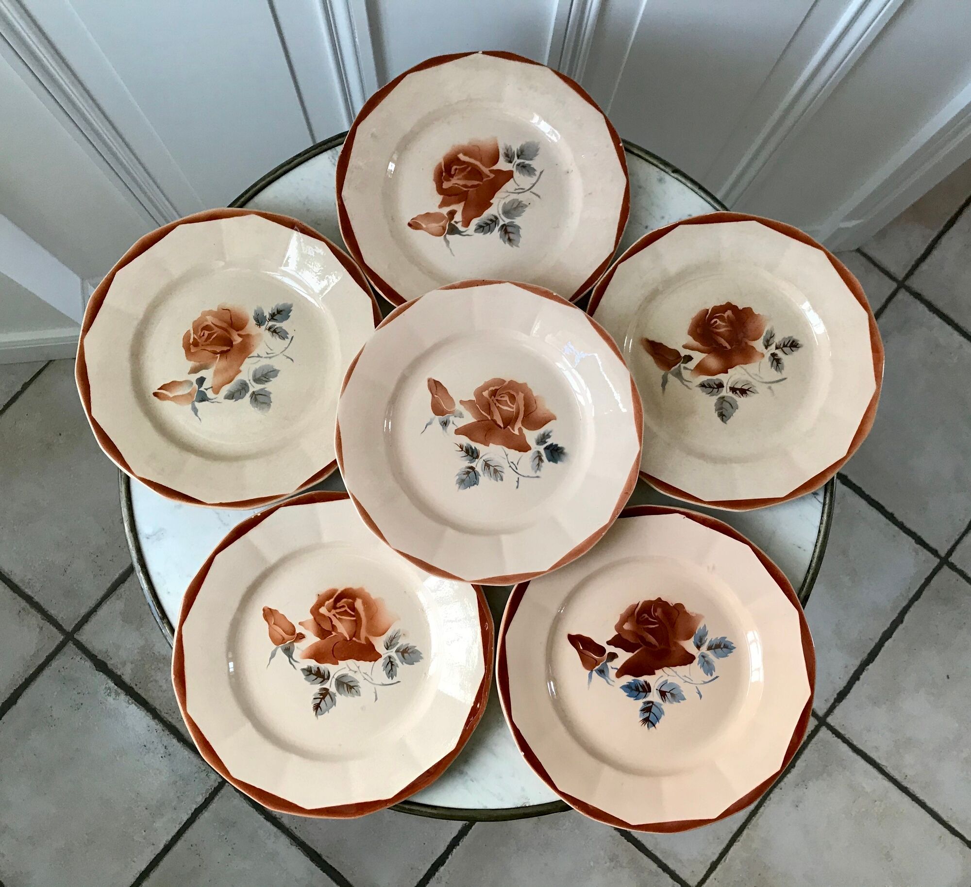 Set of 6 flat plates Digoin Sarreguemines pink flowers years 30-40