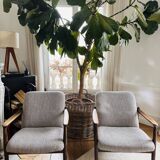 Pair of vintage mid-century armchairs in light gray linen