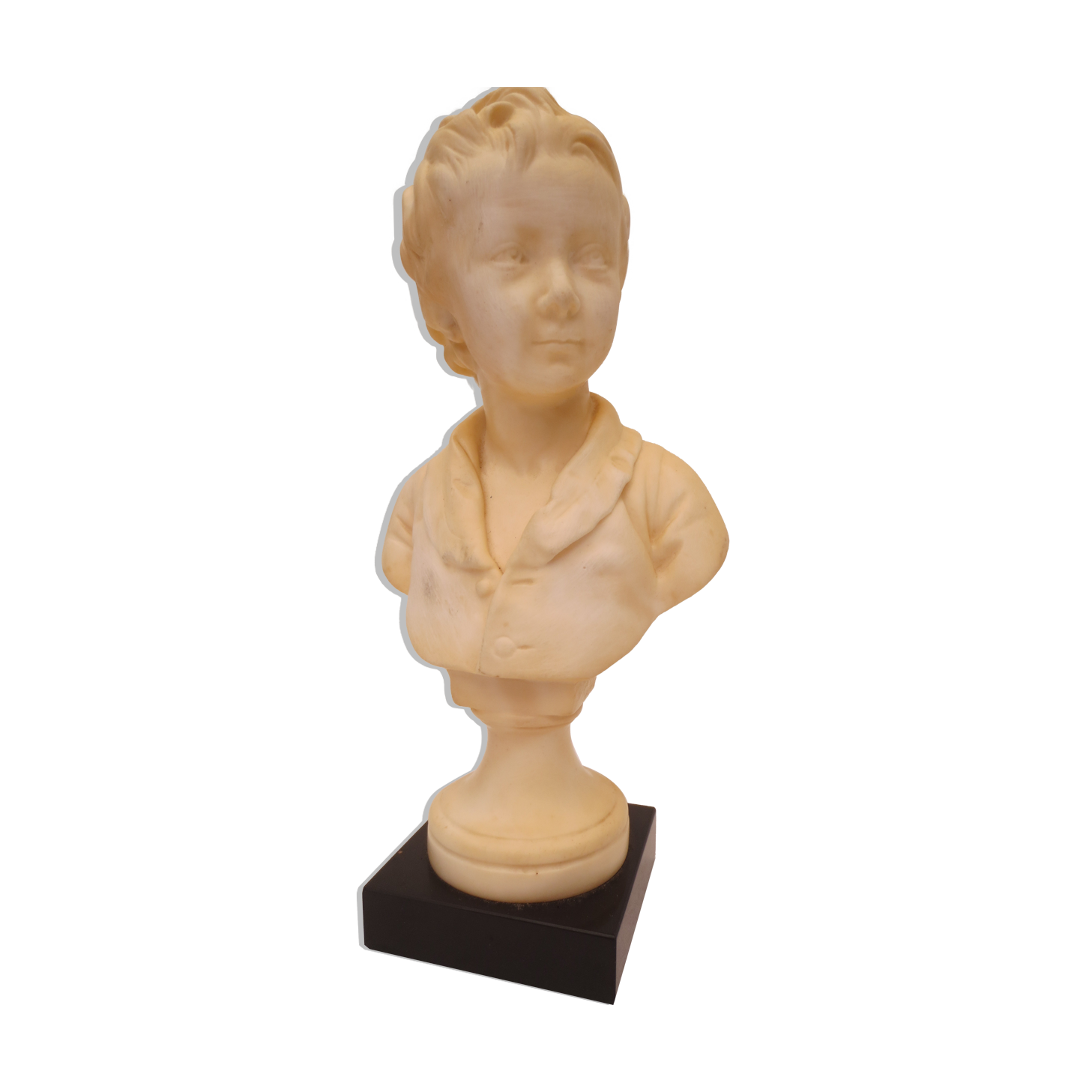 ancien buste de jeune enfant en marbre couleur ivoire sur socle noir en marbre