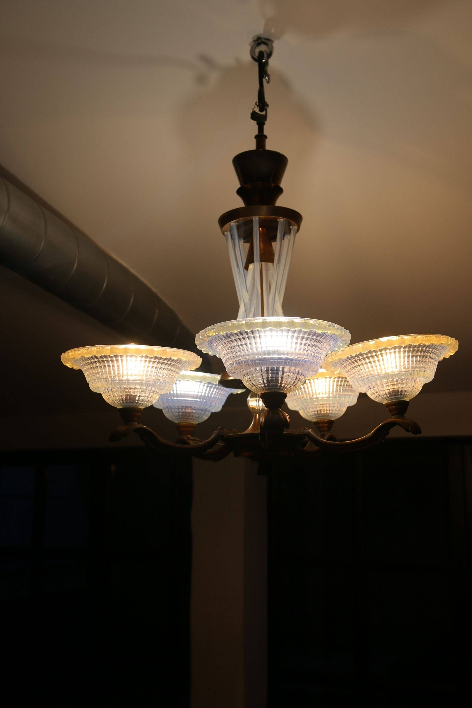 Art Deco lustre, opalescent glass, Ezan & Petitot, signed.