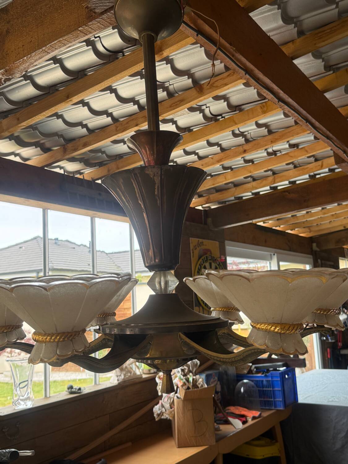 Art Deco Chandelier with Six Lights in Bronze and Frosted Glass, France, 1930s