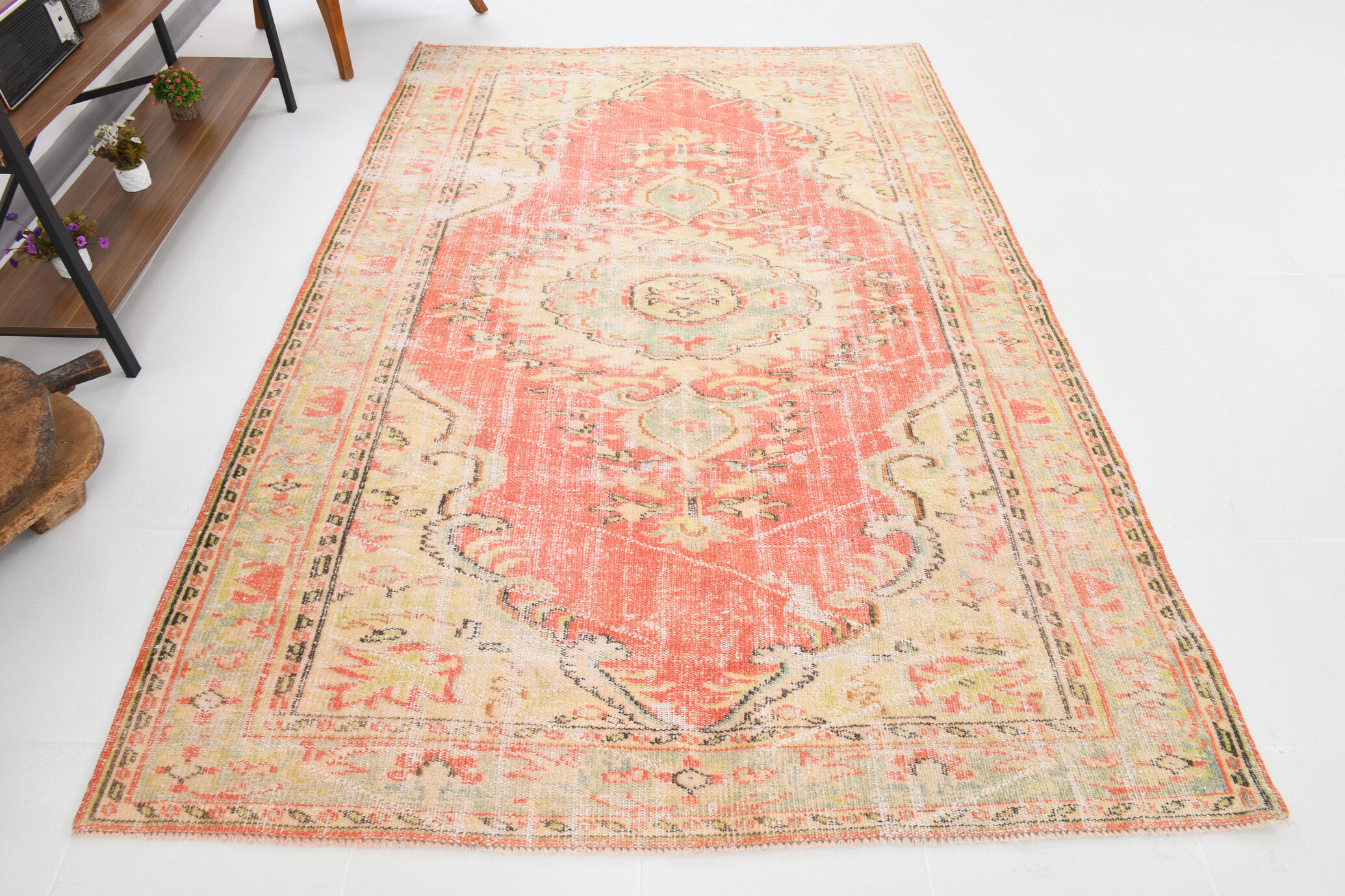 Peach red & beige handmade vintage rug, 175x251cm