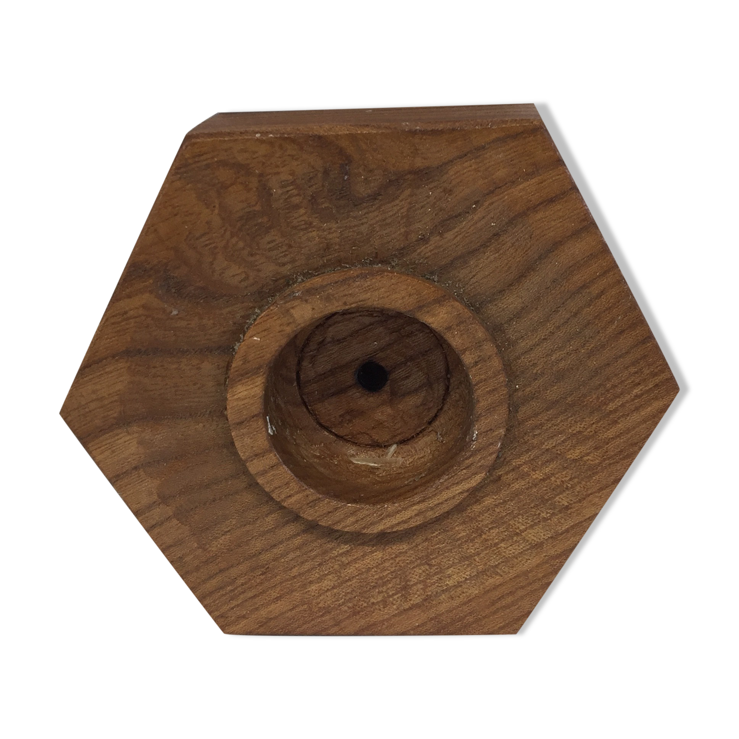 Handmade natural wood candle holder, hexagonal shape and its 3 old beeswax candles.