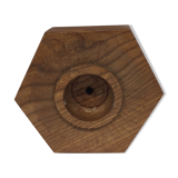 Handmade natural wood candle holder, hexagonal shape and its 3 old beeswax candles.