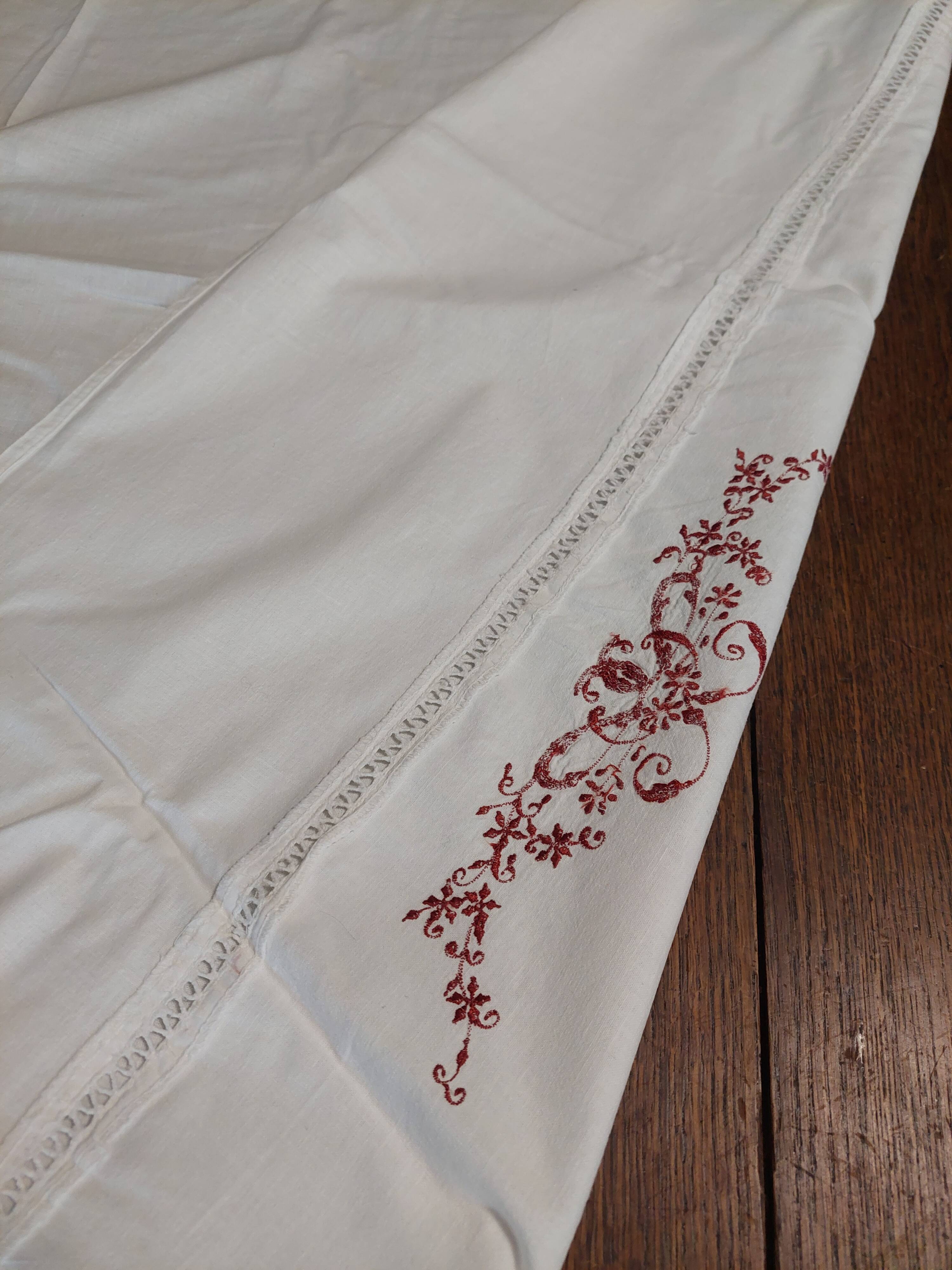 Antique white cotton tablecloth with red embroidery 135 x 145 cm