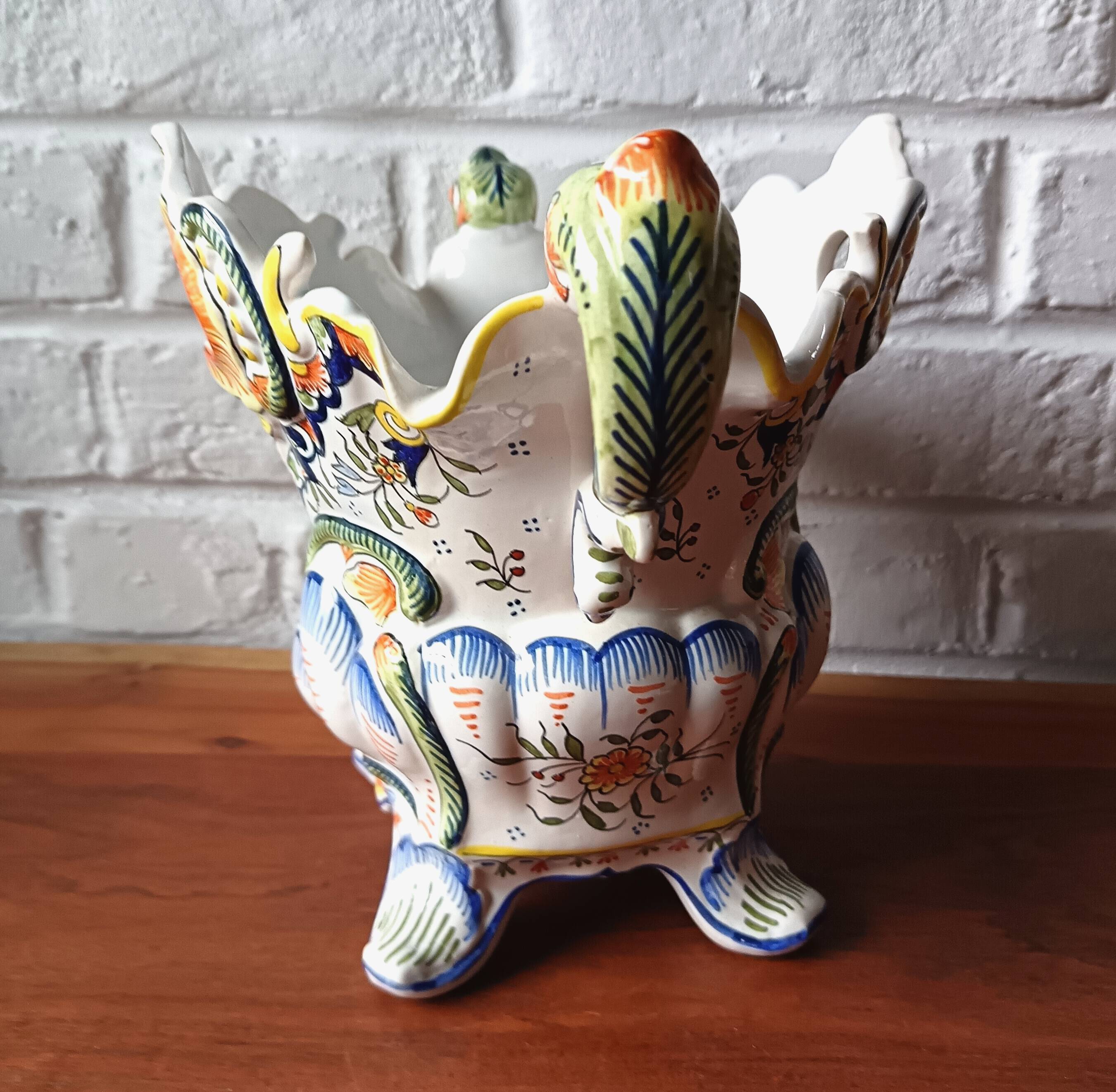 Vintage ceramic bouquet holder / cache-pot with old Rouen decoration.