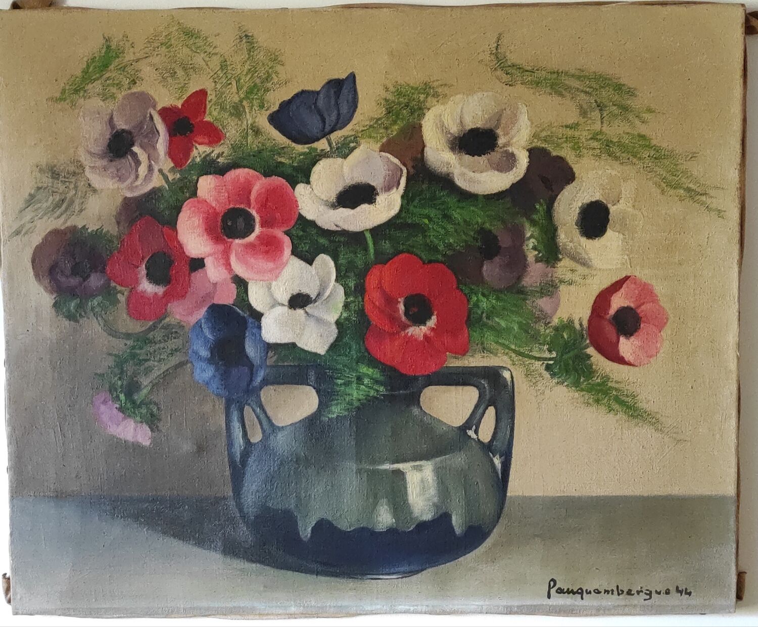 Painting bouquet of anemone flowers from the 40s signed