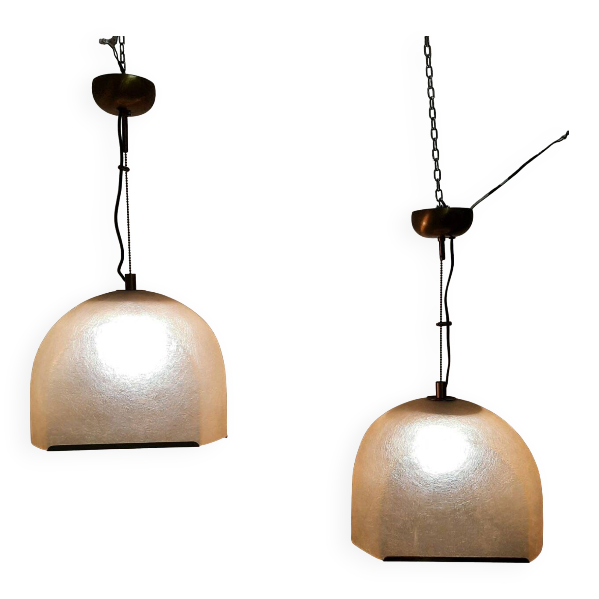 Pair of Lamperti vintage chandeliers in fiberglass and brass
