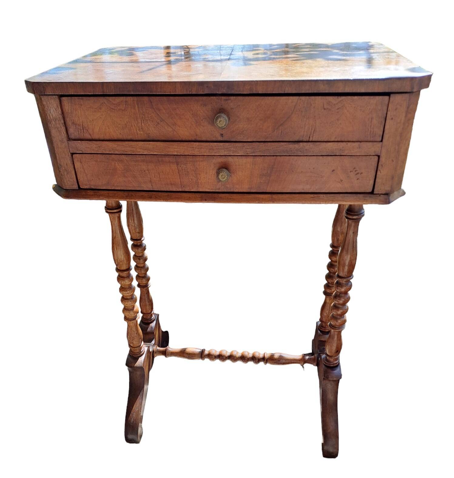 Console, side desk or dressing table in wood with marquetry top and 2 drawers