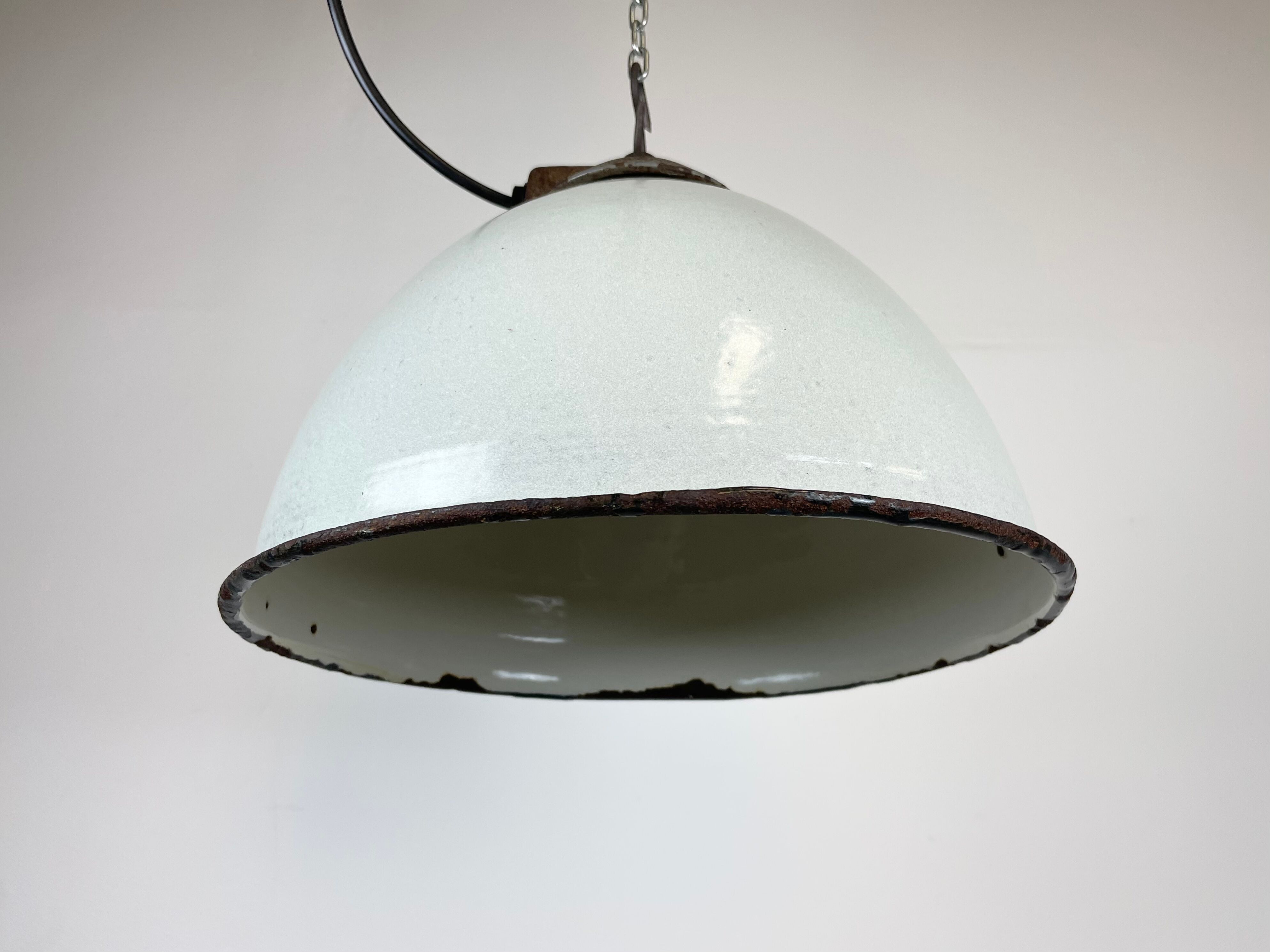Industrial White Grey Enamel Factory Lamp with Cast Iron Top, 1960s
