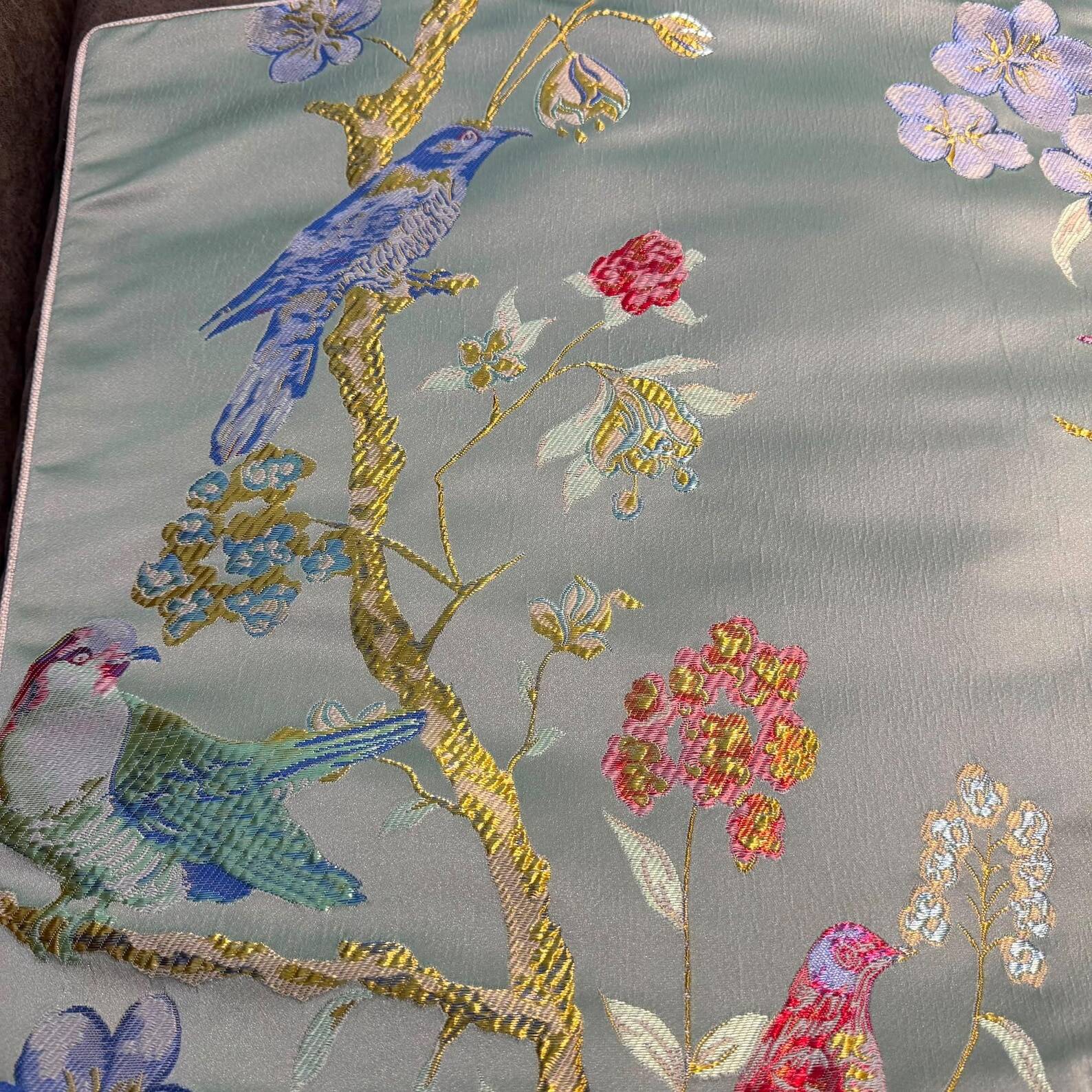 Handmade Satin Chinoiserie Bird Cushion, Cream Piped Botanical Pillow