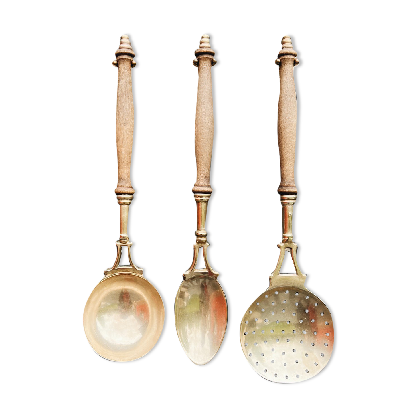Brass holder with 3 brass & wood utensils