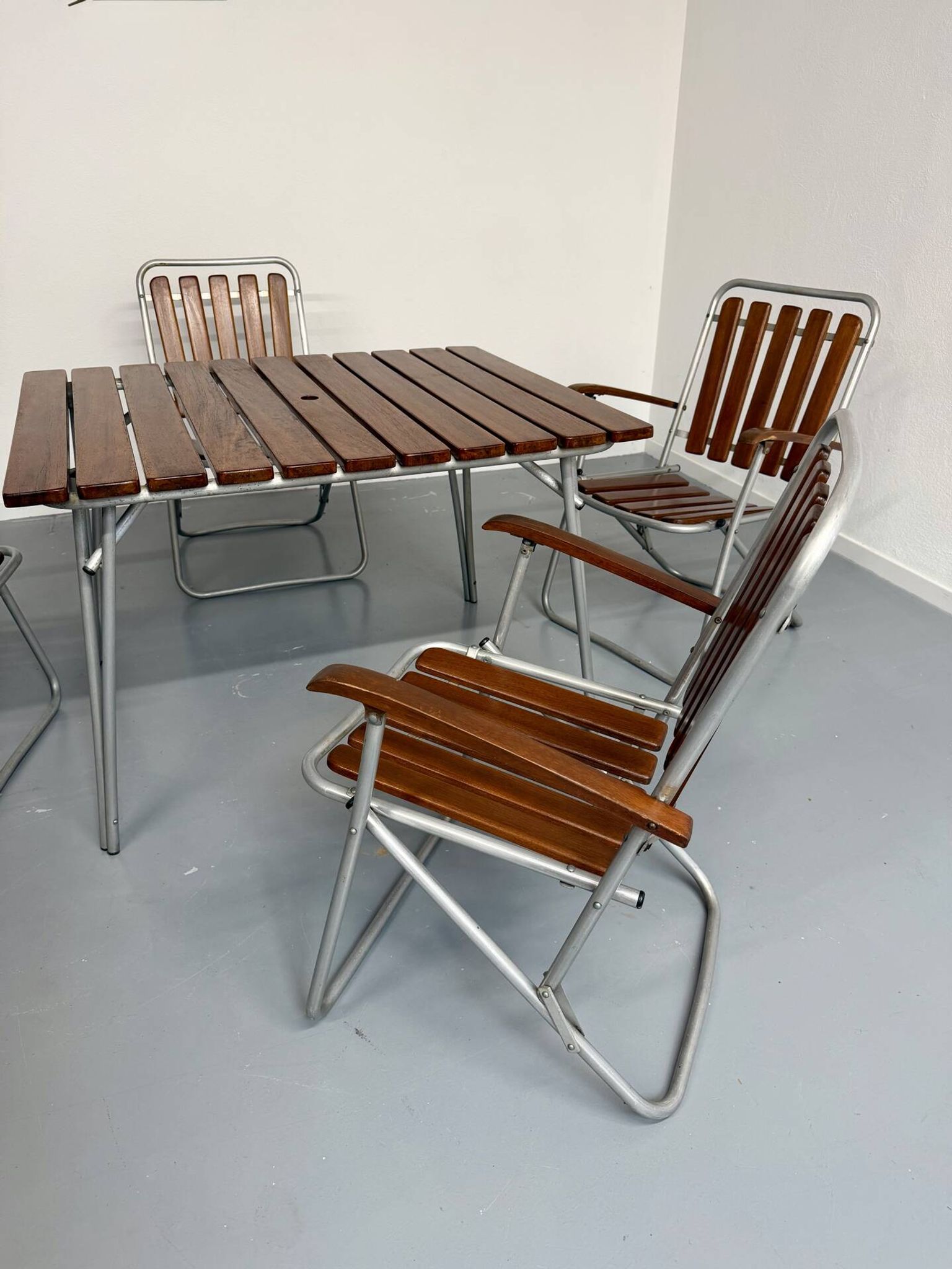 Vintage folding garden set table 4 chairs wood and metal 1960