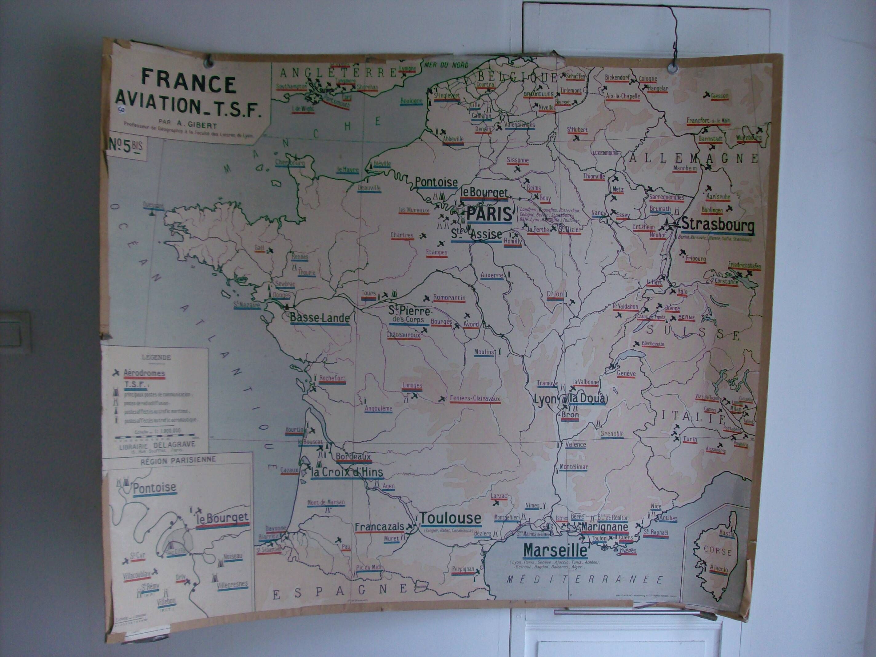 Old school map of geography France aviation waterways TSF by Gibert