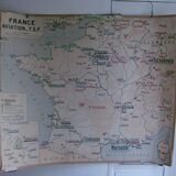 Ancienne carte scolaire de géographie France voies navigables aviation TSF par Gibert