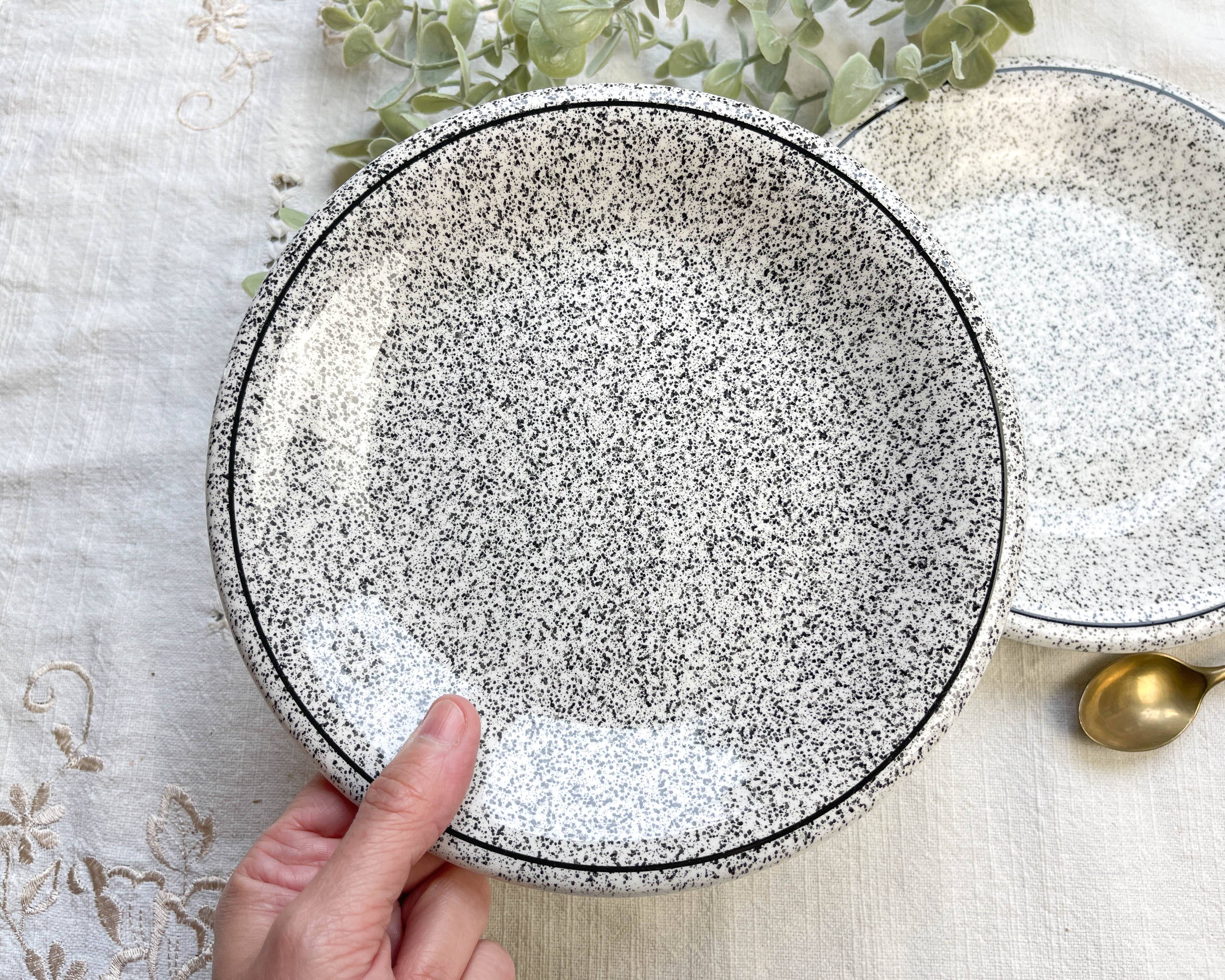 2 Small vintage plates in black and white speckled Italian earthenware