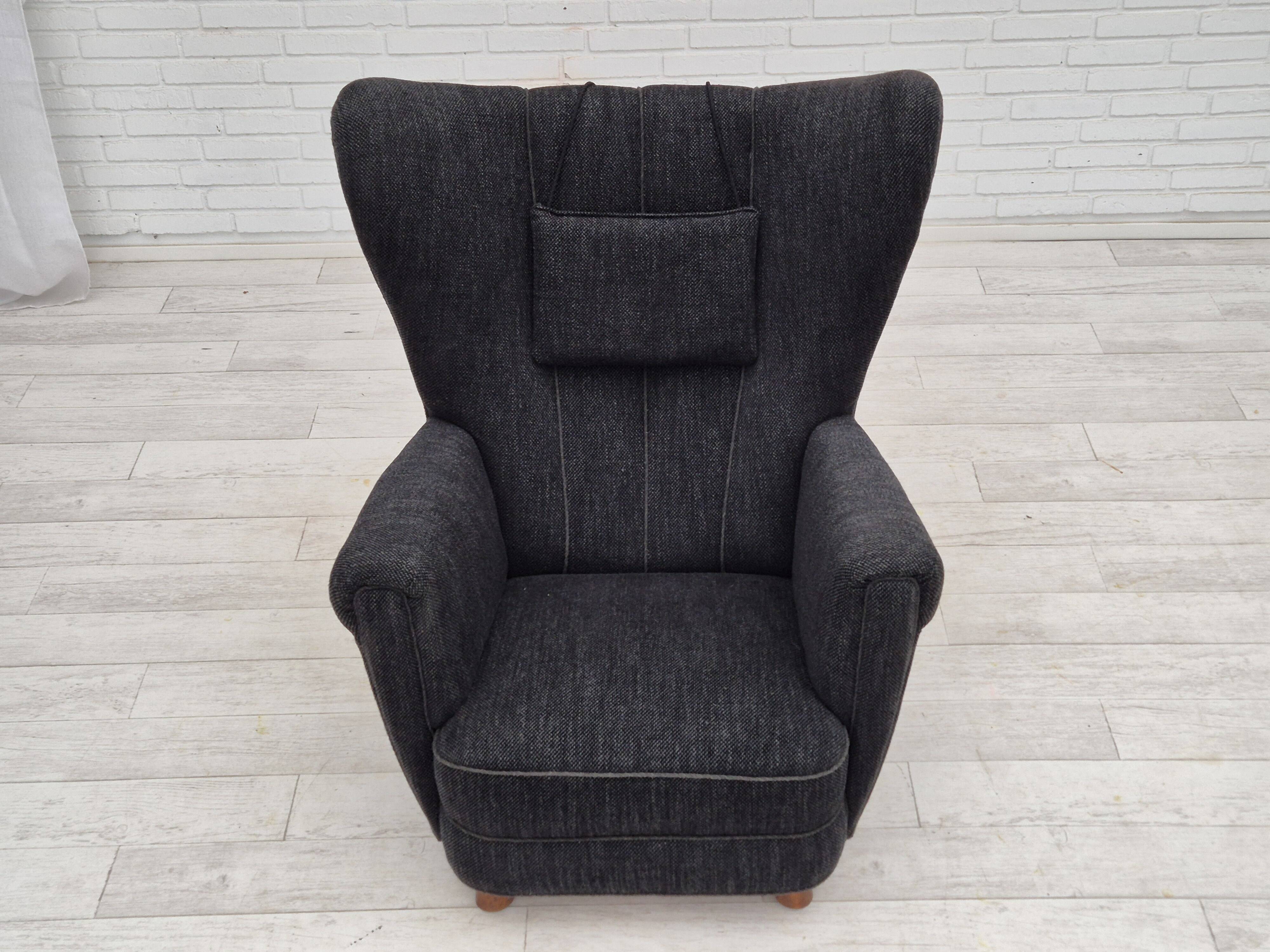 1960s, Danish relax armchair, reupholstered, gray furniture fabric..