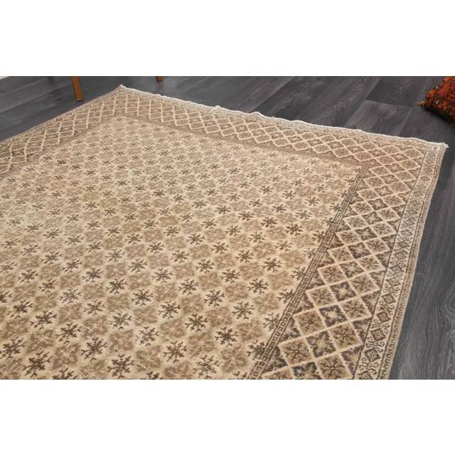 1970s Vintage Turkish Hand-Knotted Wool Cotton Beige Area Rug 149x226