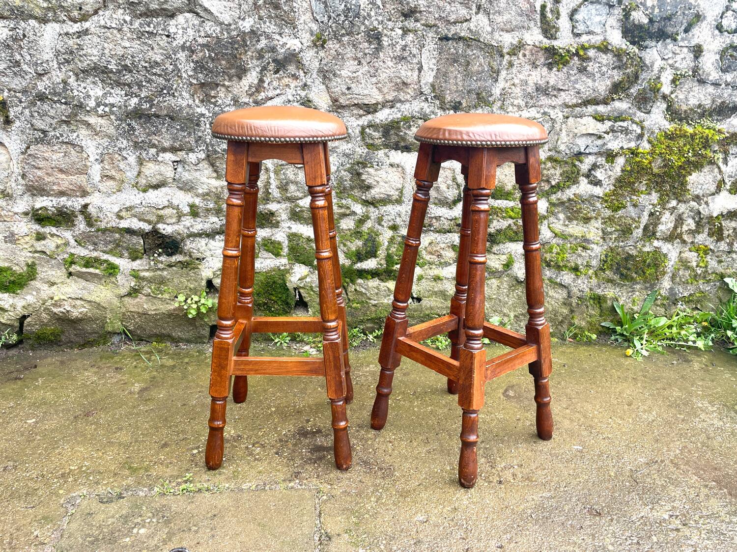Pair of studded leather bar stools