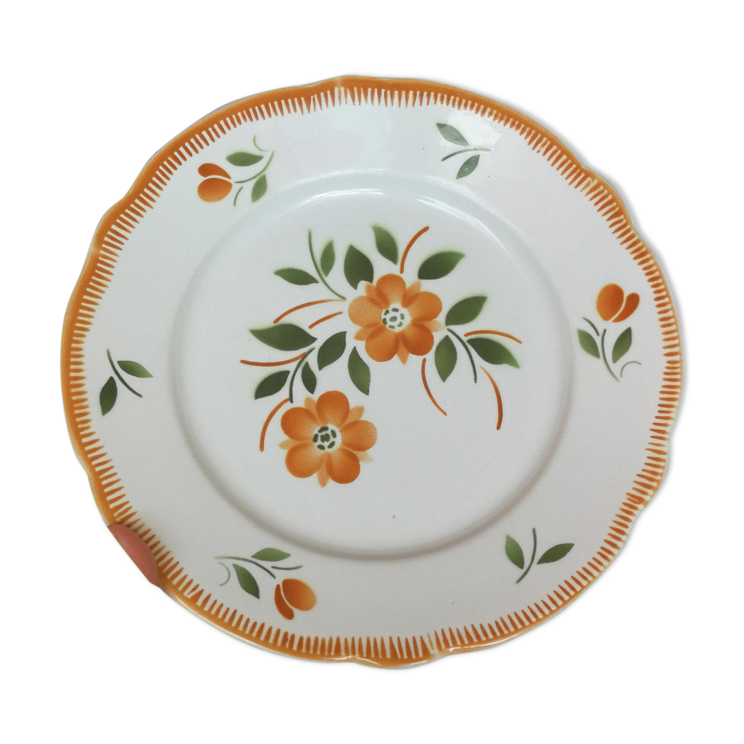 6 Badonviller Old Plate Plates - Orange and Green Flowers