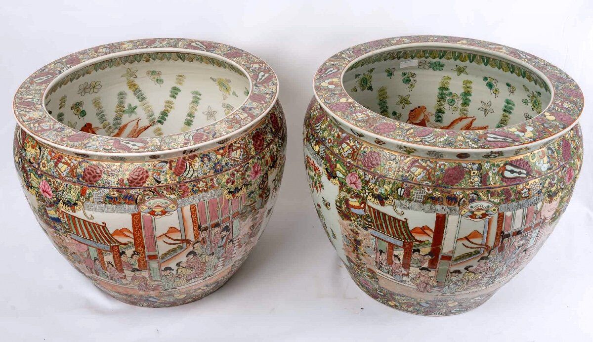 Pair fish aquarium - chinese porcelain - cloisonné enamel - canton - epoch: xxth century