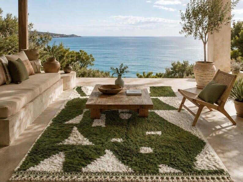 Authentic pure wool Moroccan rug in green and white, 2/3 m.