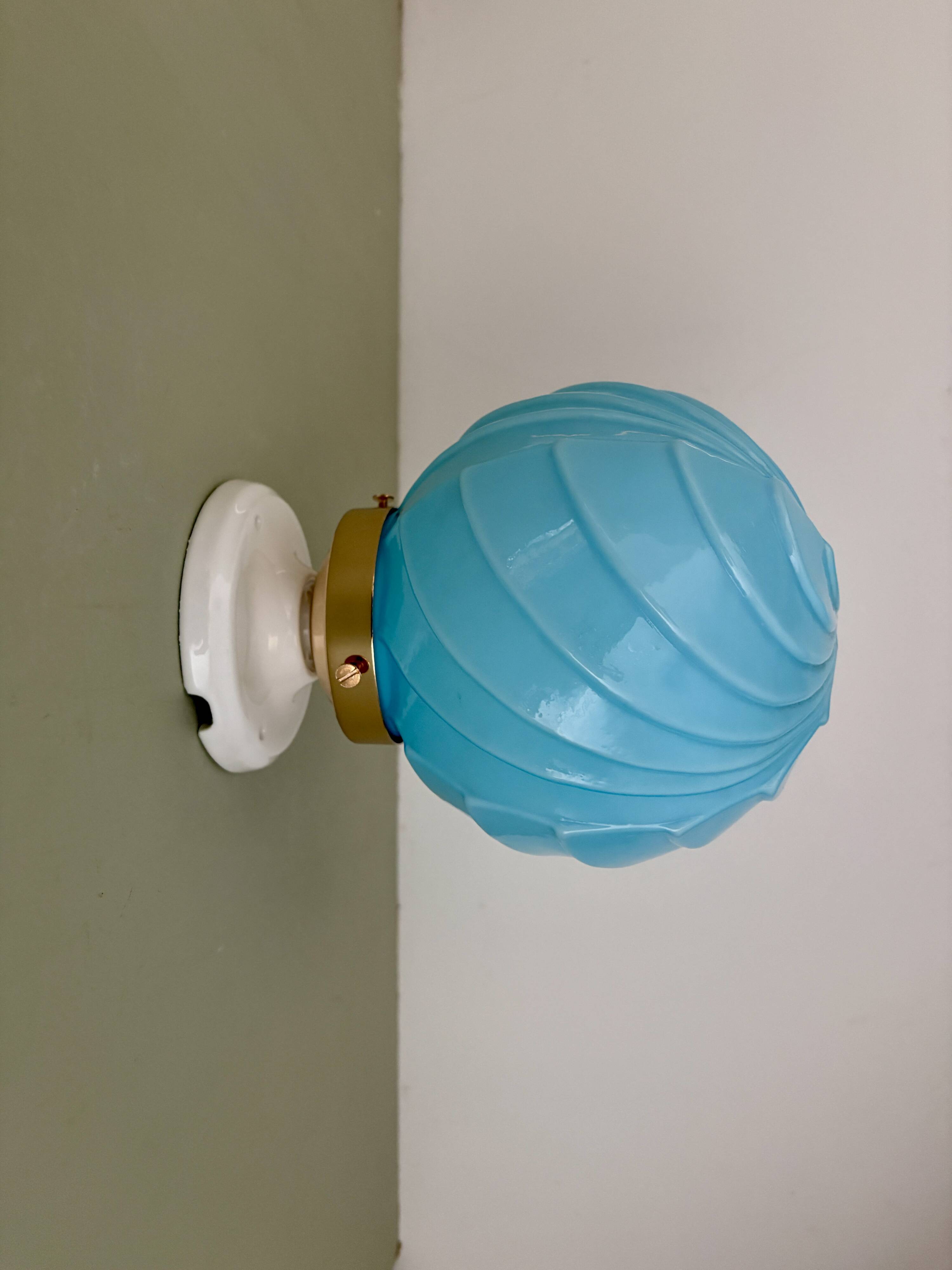 Vintage art deco globe wall lamp in blue opaline