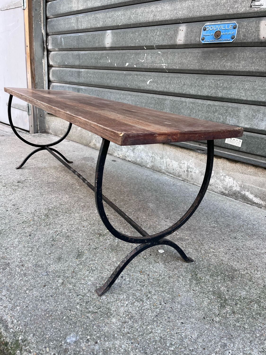 Rustic oak wrought iron bench