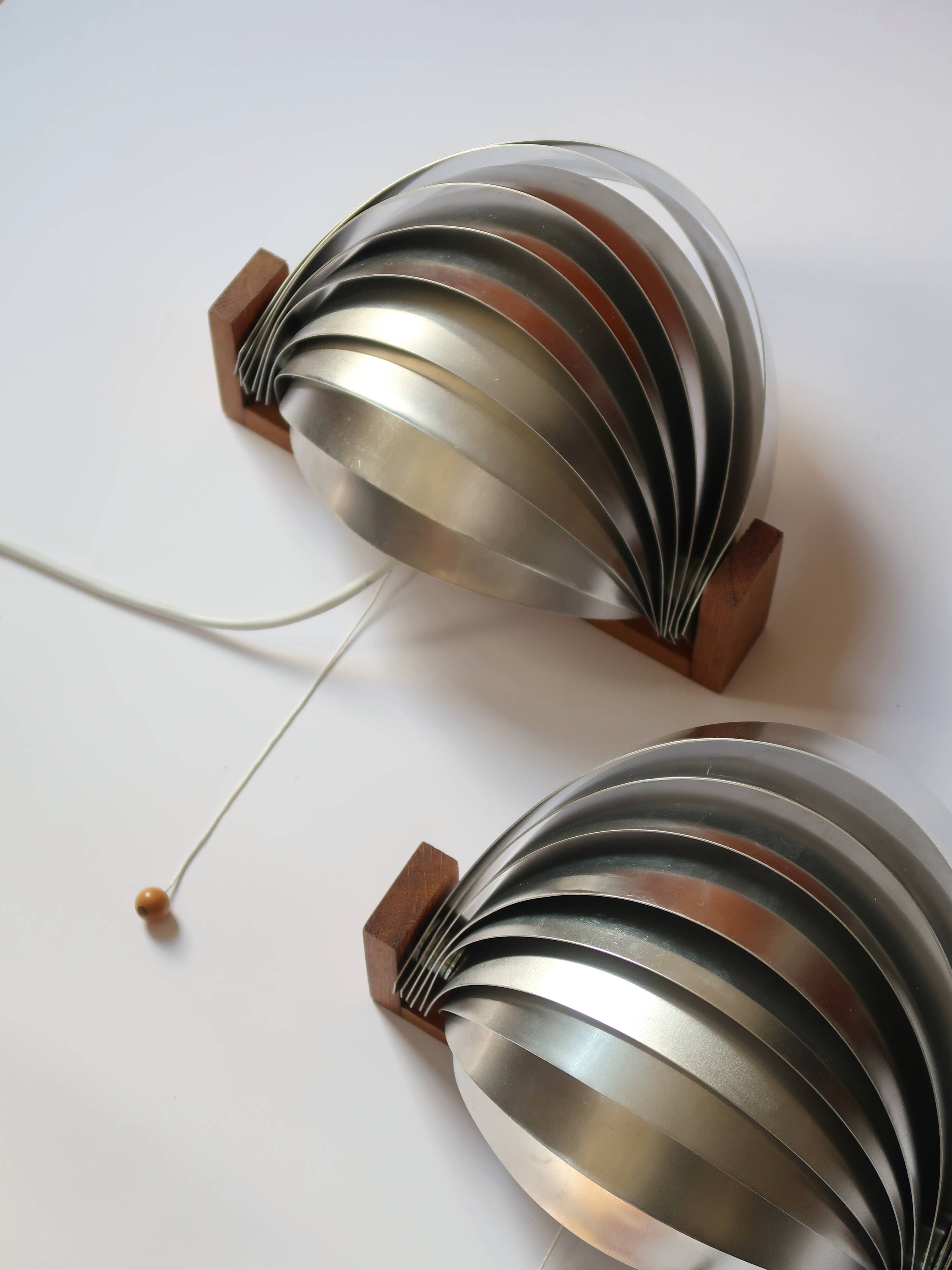 Pair of vintage 70s chrome and wood slatted wall lights