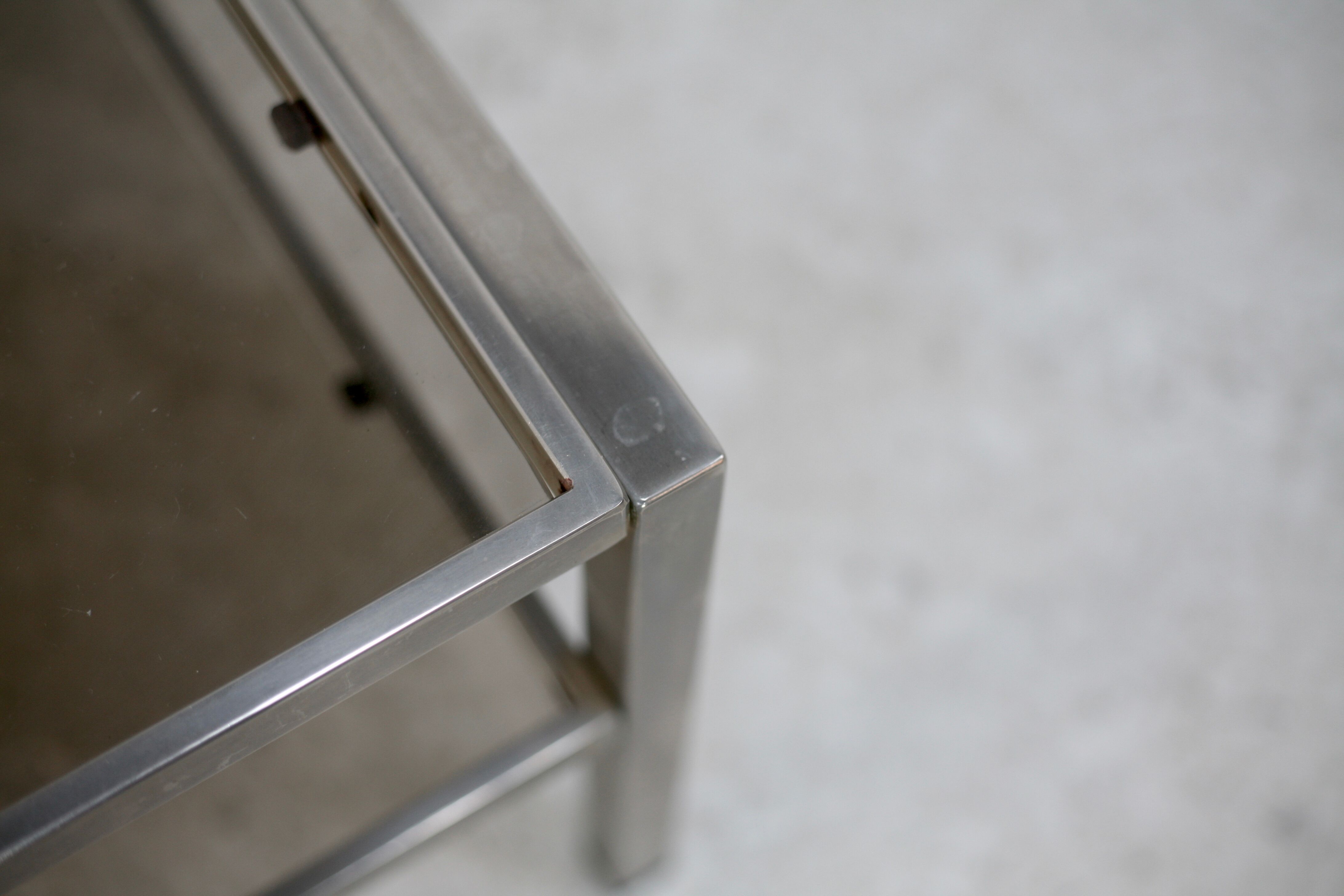 Double coffee table trays smoked glass steel. France, circa 1970