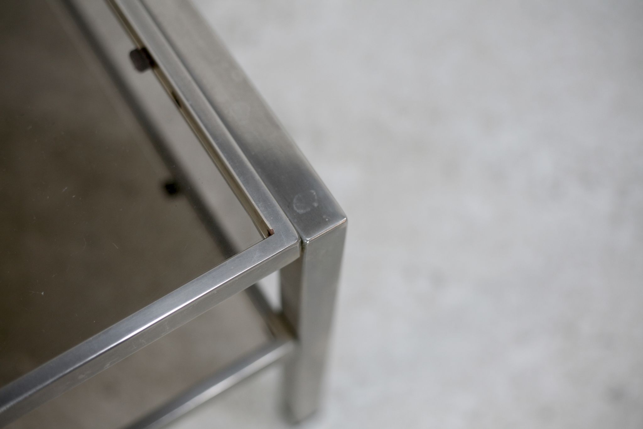 Double coffee table trays smoked glass steel. France, circa 1970