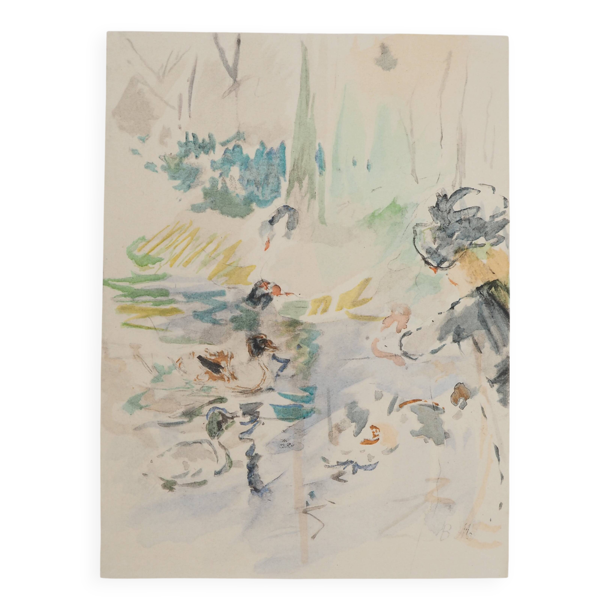 Berthe Morisot: Little girl feeding ducks, signed lithograph