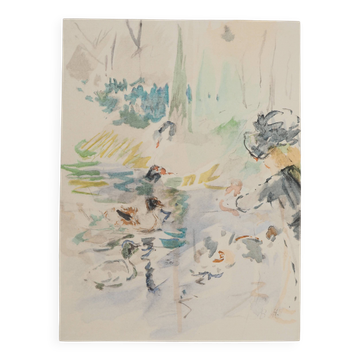 Berthe Morisot: Little girl feeding ducks, signed lithograph