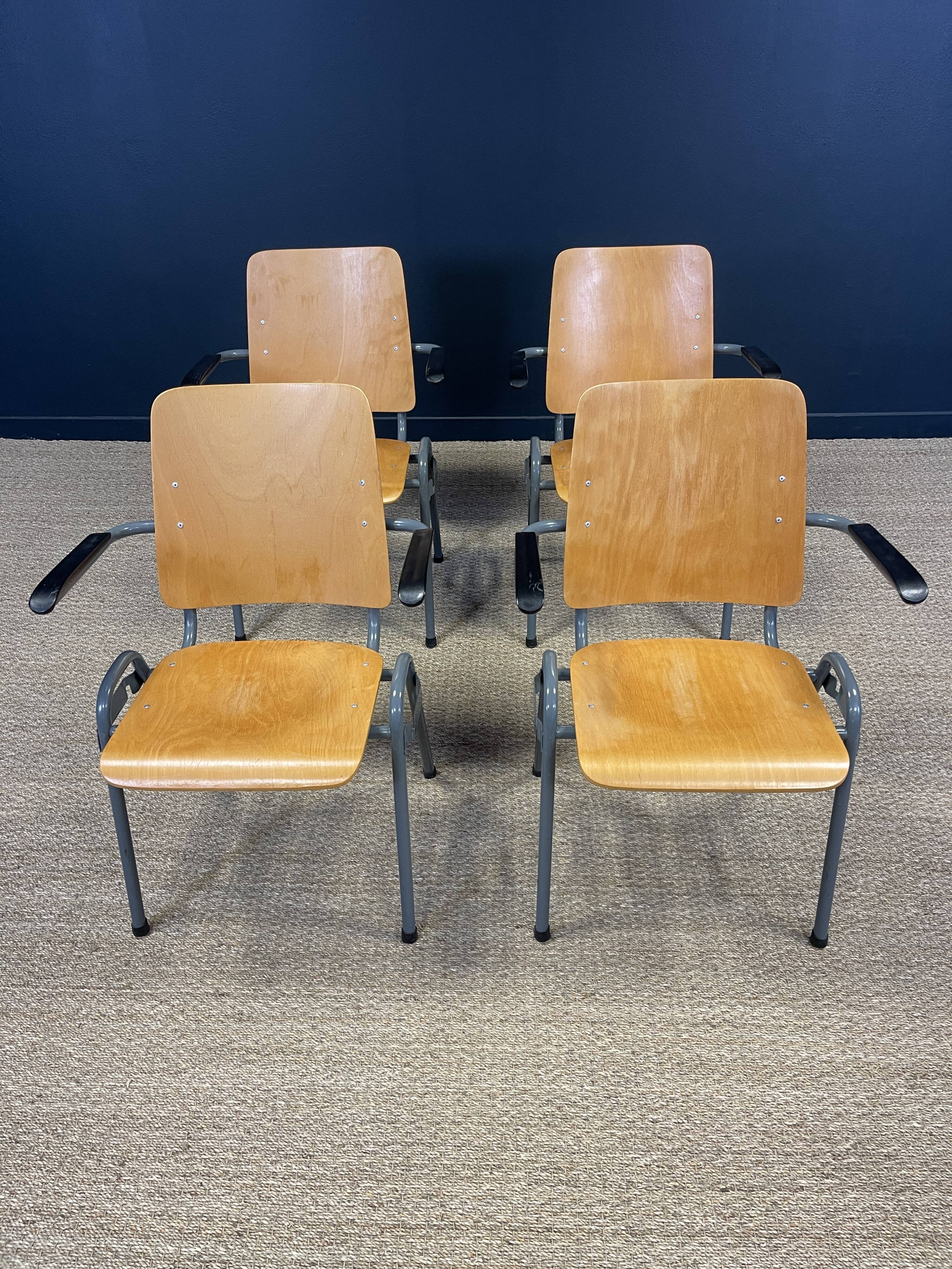 Set of 4 school armchairs with high wooden backs and anthracite grey legs, Netherlands