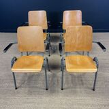 Set of 4 school armchairs with high wooden backs and anthracite grey legs, Netherlands