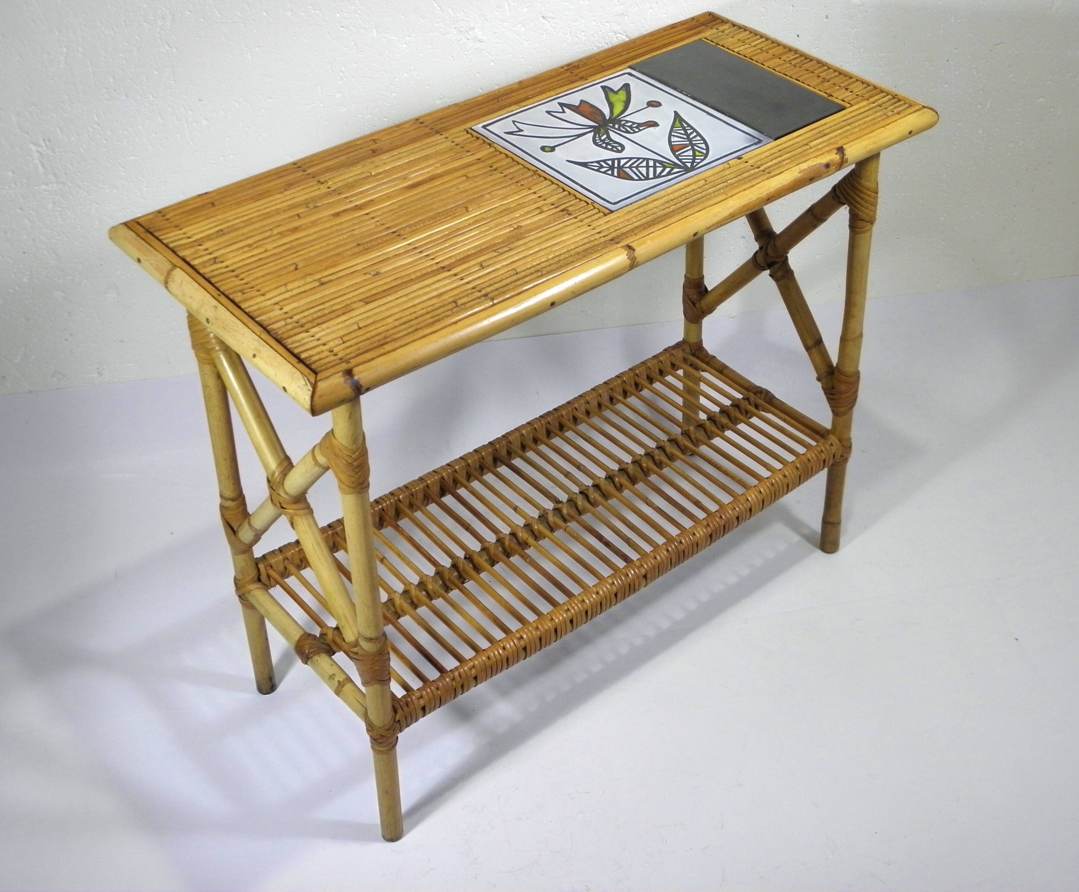 Rattan and ceramic console table - AUDOUX - MINNET and Roger CAPRON
