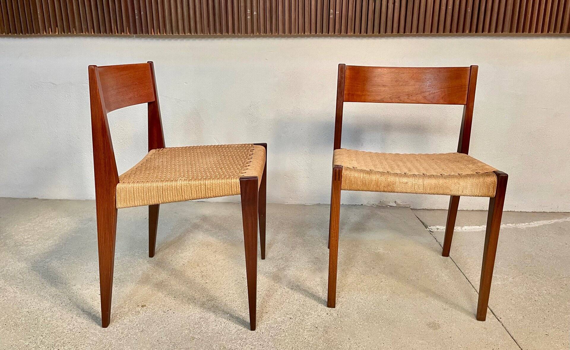 Ensemble de chaises de salle à manger minimalistes danoises en teck modèle Pia avec sièges en corde à papier par Poul Cadovius pour Royal Persiennen, 1958.