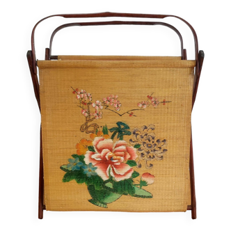 Folding rice straw & bamboo sewing basket 1960
