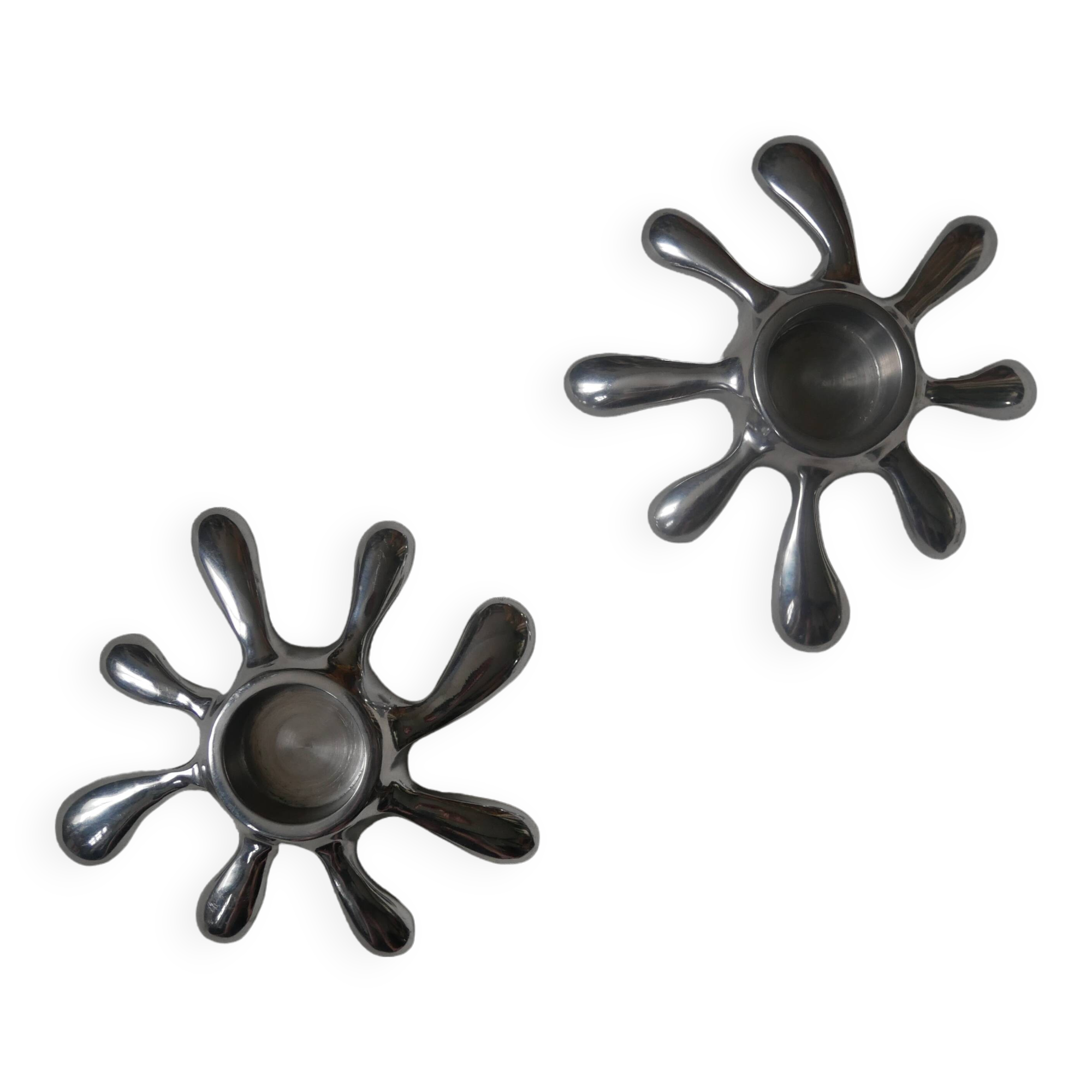 Pair of 80s 90s design aluminum candlesticks free form contemporary silver metal