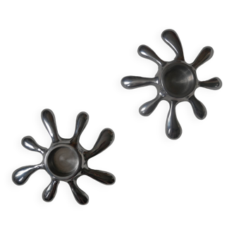 Paire de bougeoirs aluminium design années 80 90 forme libre contemporain métal argenté