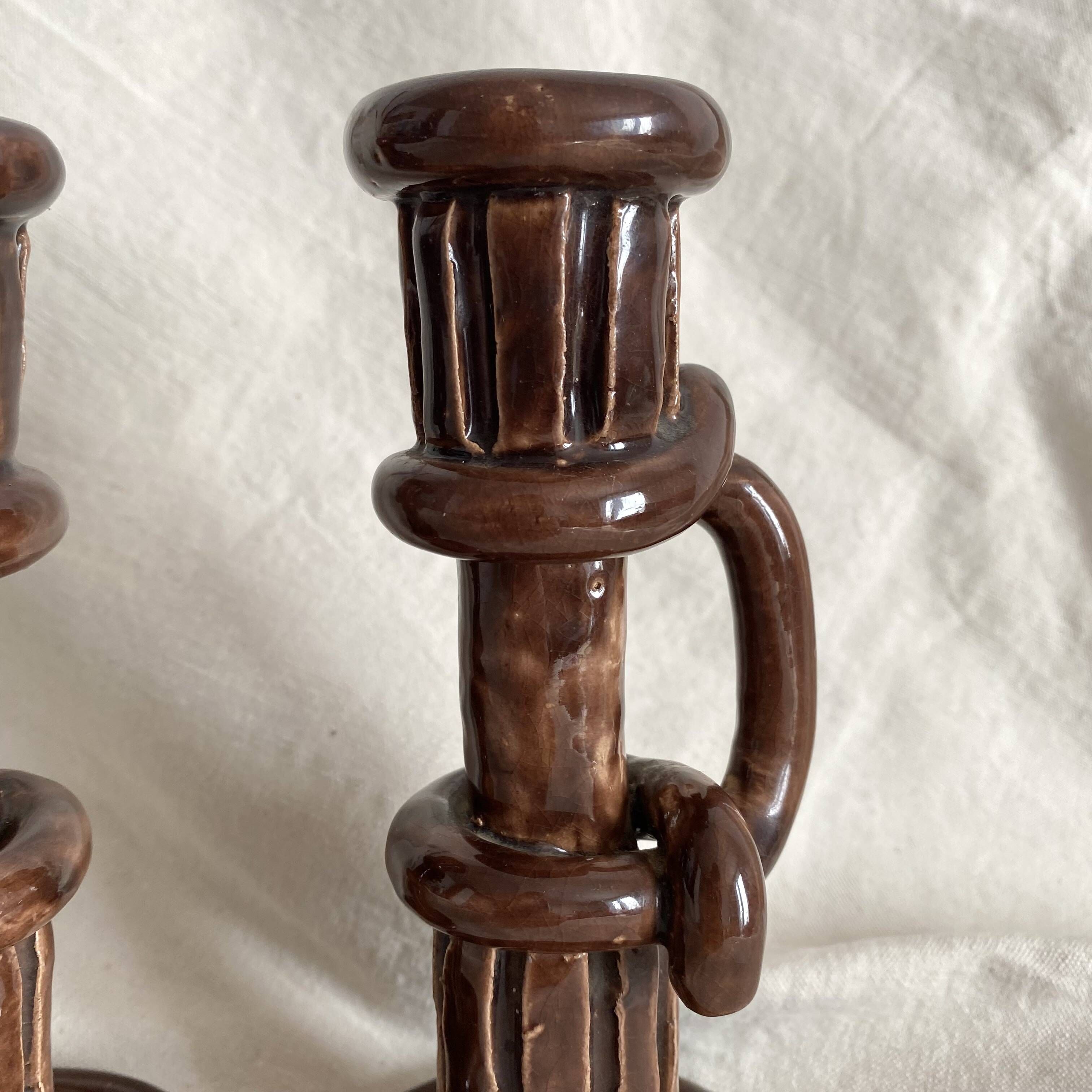 Pair of column candle holders in handmade ceramic