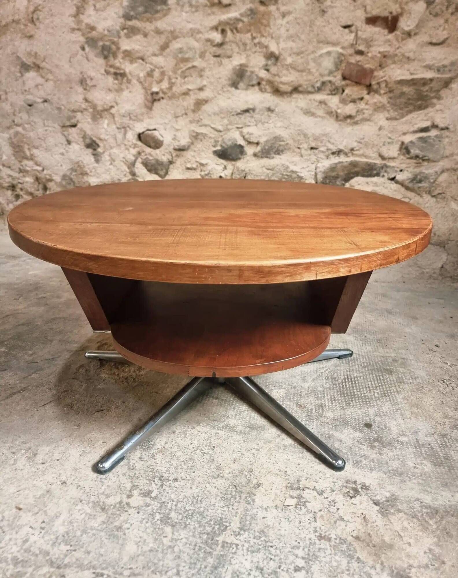 Vintage French Cherry Wood Coffee Table with Rotating Top - 1960s Round Shape on Iron Base Ø80cm