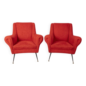 Pair of vintage 50s armchairs red fabric Italian design